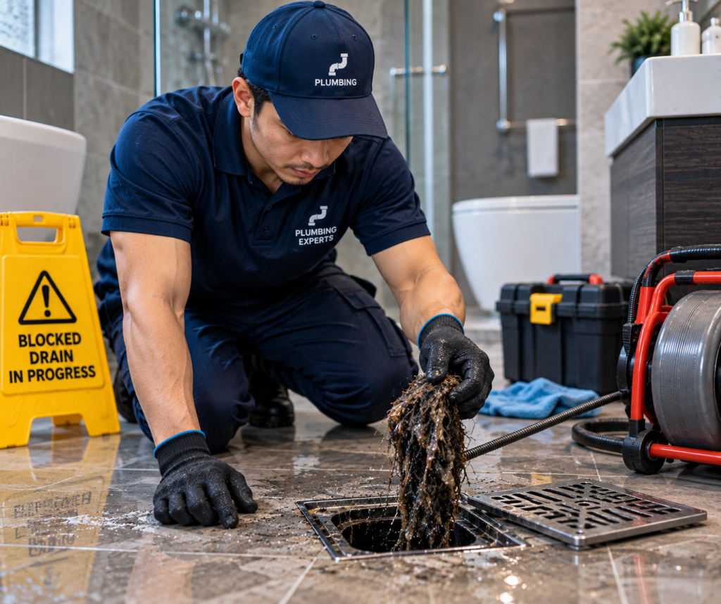 Professional plumber inspecting a clogged drain pipe in Kuala Lumpur