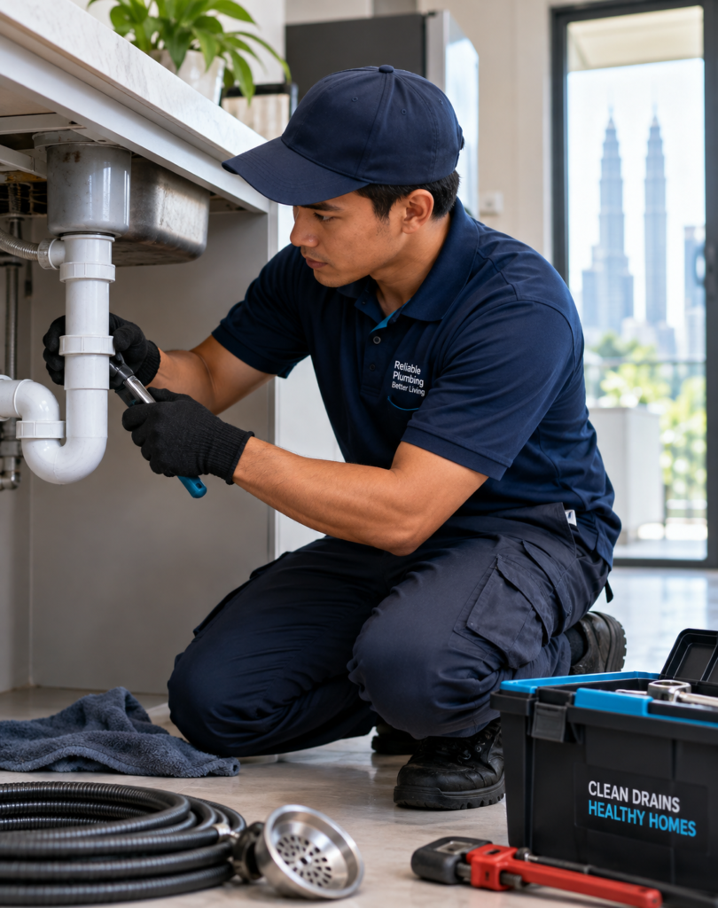 Professional plumber repairing blocked drain pipe in Kuala Lumpur