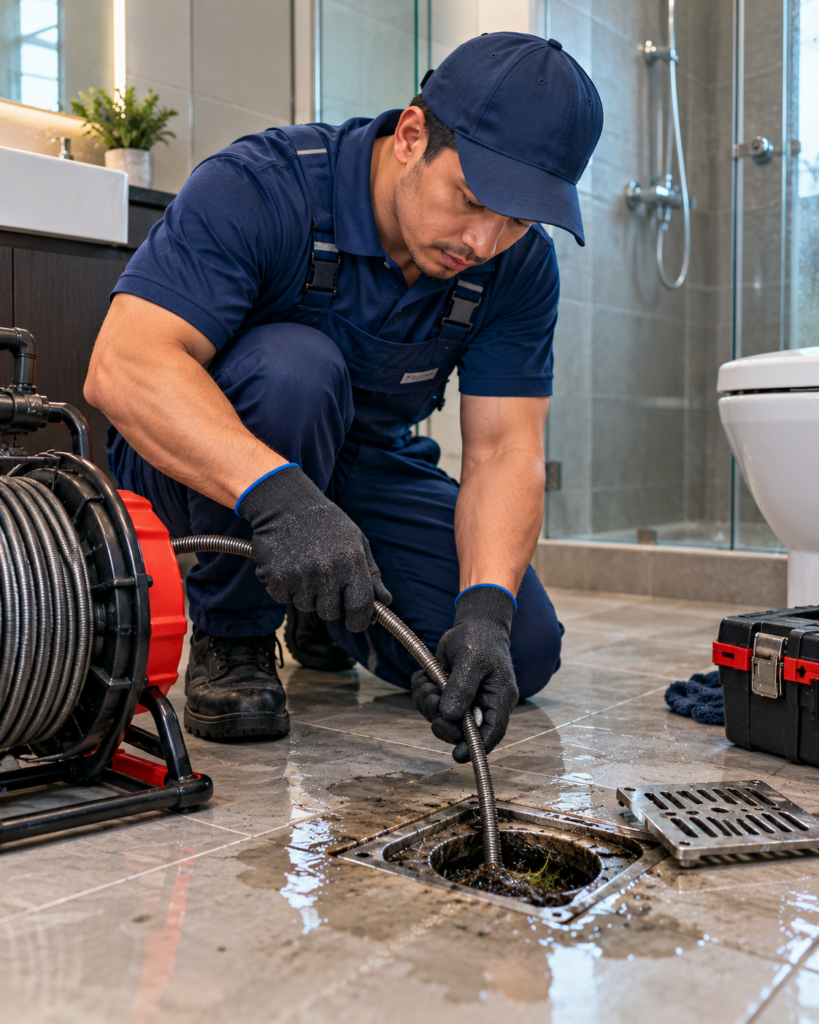 Professional plumber inspecting a clogged drain pipe in Kuala Lumpur