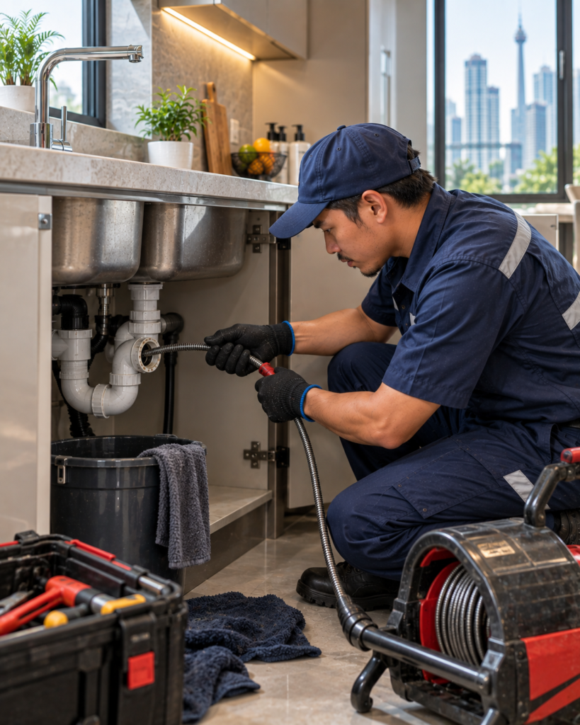 Professional plumber repairing blocked sink in Kuala Lumpur
