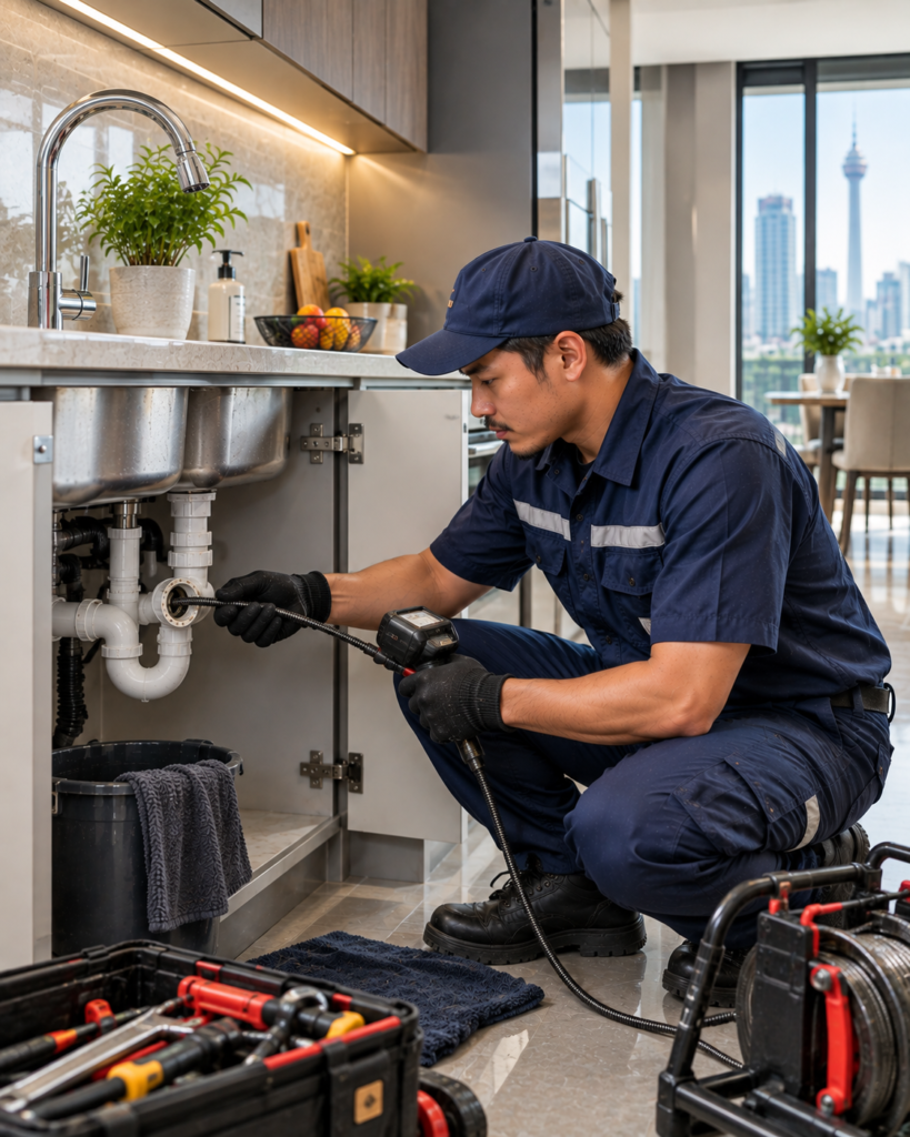 Professional plumber repairing blocked sink in Kuala Lumpur